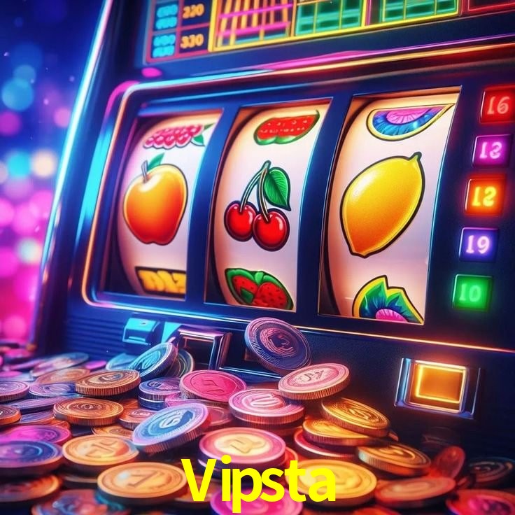 Escena dinámica inspirada en casino con iluminación Vipsta, cartas, fichas e íconos de juegos digitales en un espacio moderno de juegos.