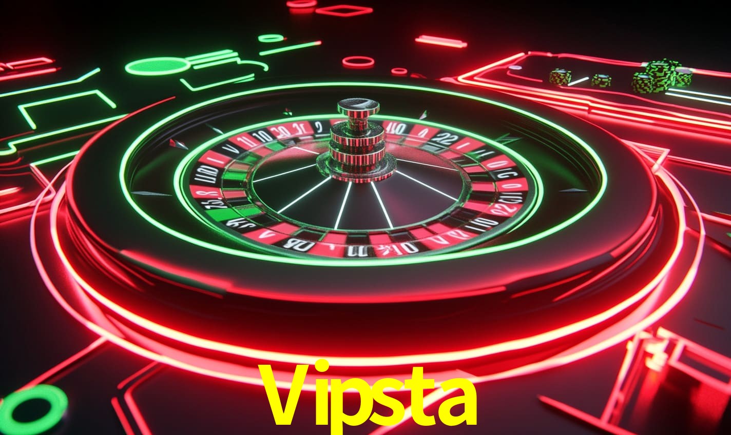 Una escena digital vívida inspirada en casino con Vipsta mostrado prominentemente, luces brillantes, fichas, cartas y acentos dorados.