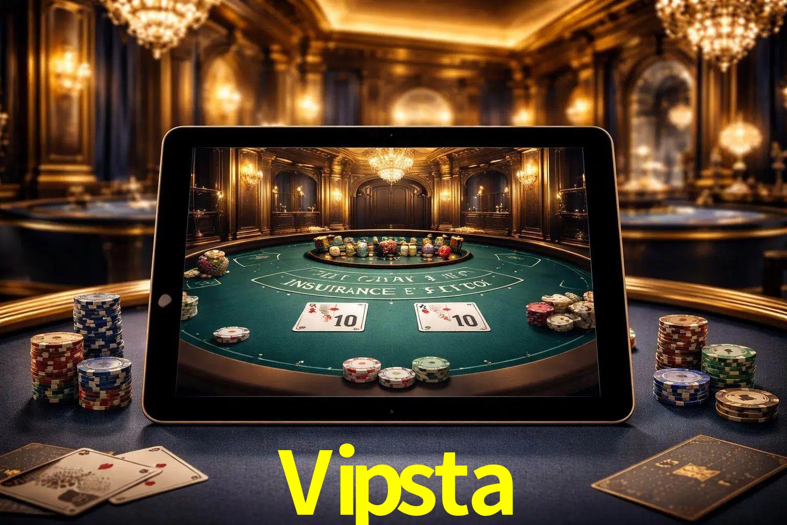 Configuración moderna de casino en vivo con una tableta mostrando una mesa de blackjack, luces cálidas de estudio y una atmósfera elegante de juegos digitales.