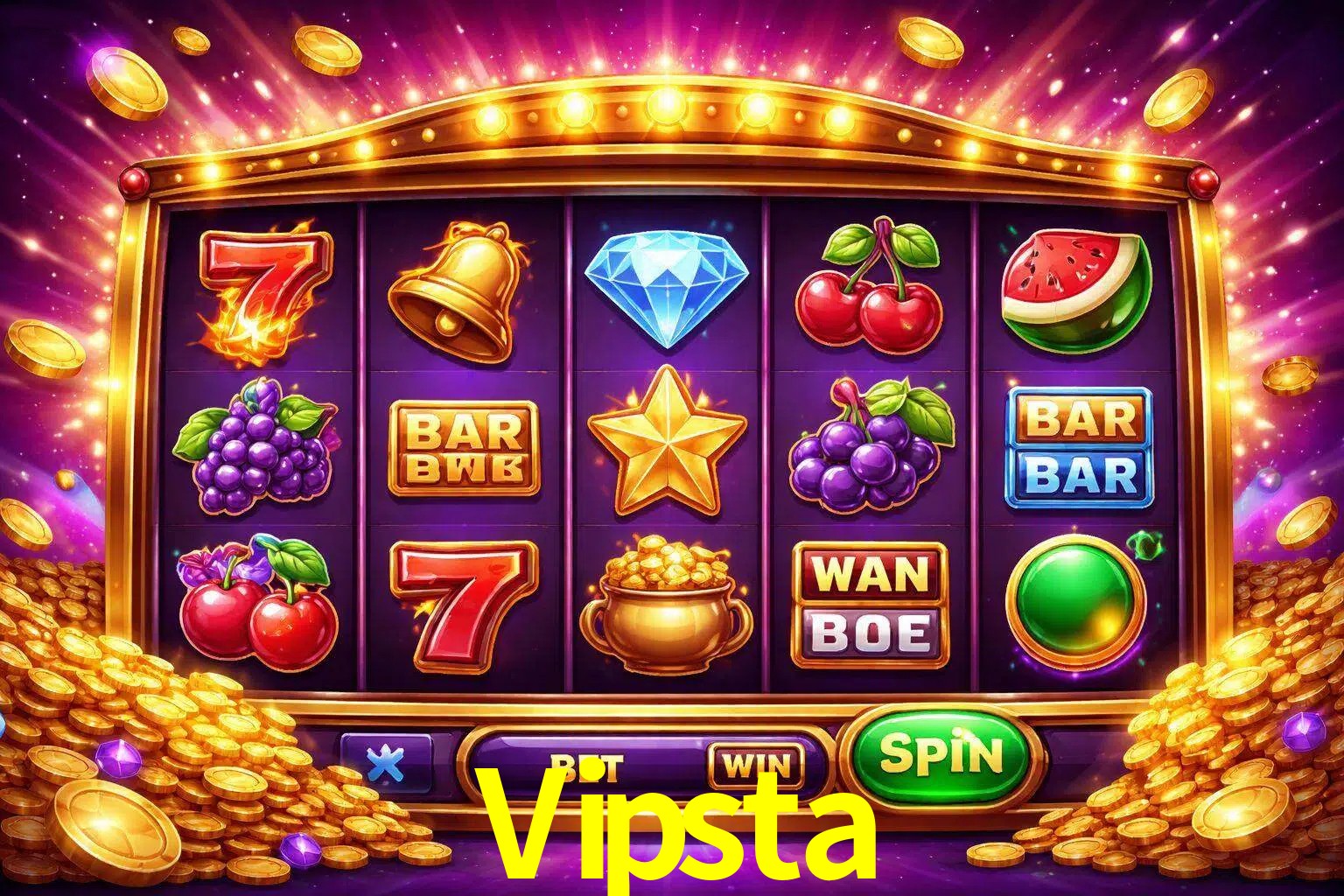 Una interfaz colorida de tragamonedas en línea con símbolos brillantes, monedas y un efecto de victoria celebratoria en Vipsta.
