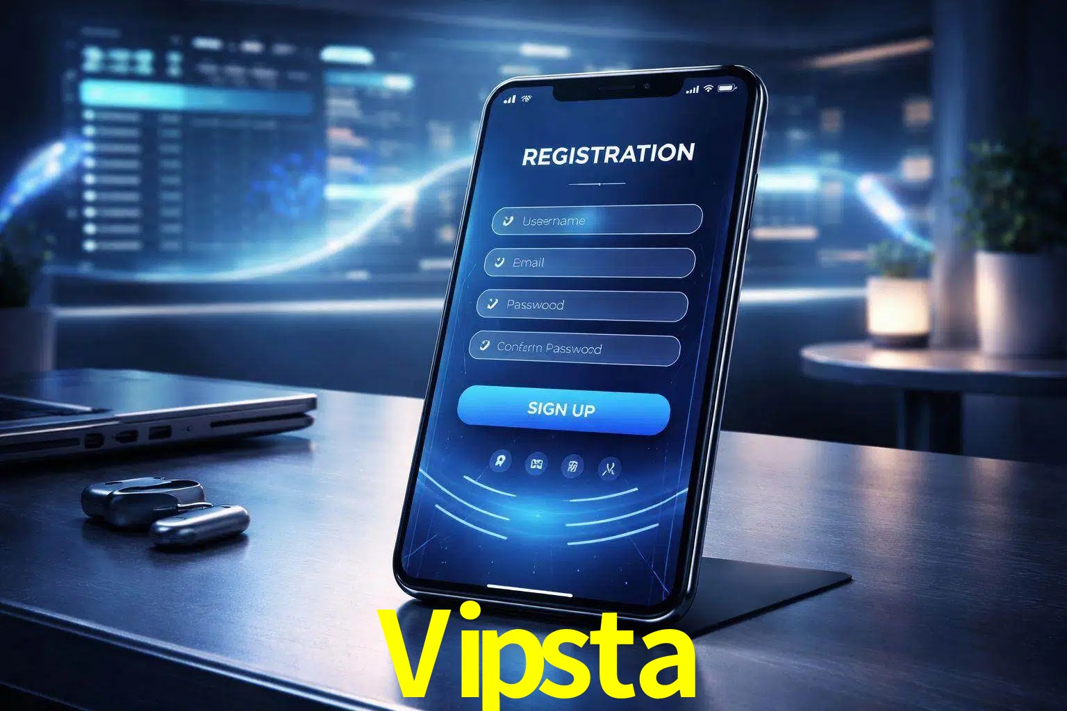 Una interfaz moderna de registro móvil para Vipsta mostrada en un smartphone con un panel de apuestas elegante.